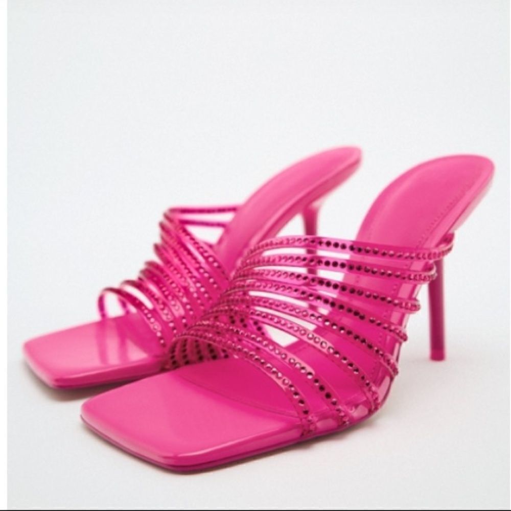Zara Discounted Vinyl Pink Rhinestone Squared Toe High Heels Dress Sandals Shoes